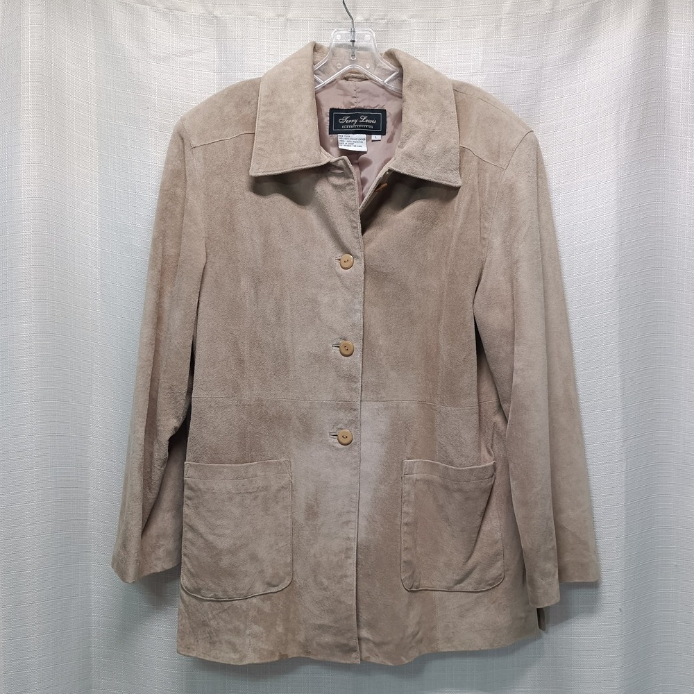 Terry Lewis Womens L Tan 100% Genuine Leather Suede Coat Patch Pockets‎ Casual